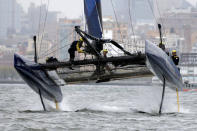 AC45F racing sailboat Artemis Racing comes out of the water as they make a turn during practice racing ahead of the America's Cup World Series sailing event in New York, May 6, 2016. REUTERS/Mike Segar