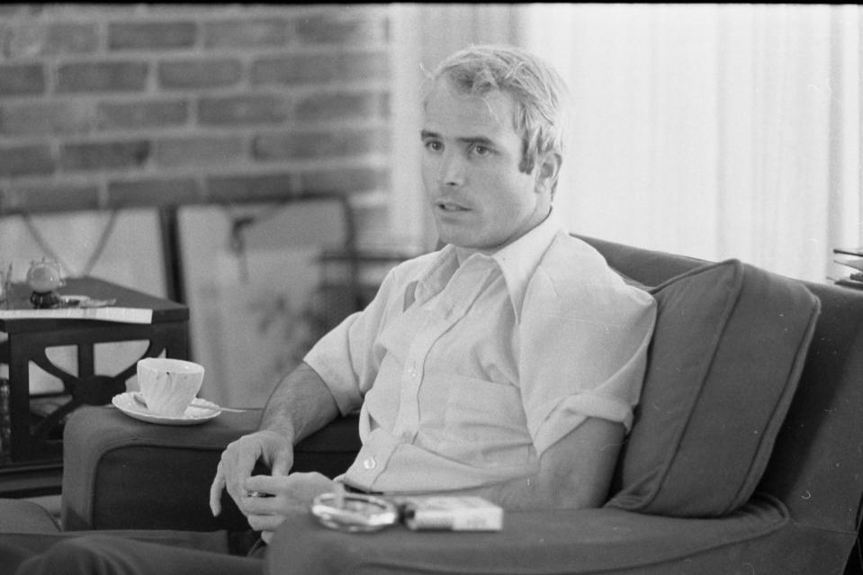 <p>McCain sits for an interview on April 24, 1973, one month after his release from a Hanoi prison. </p>