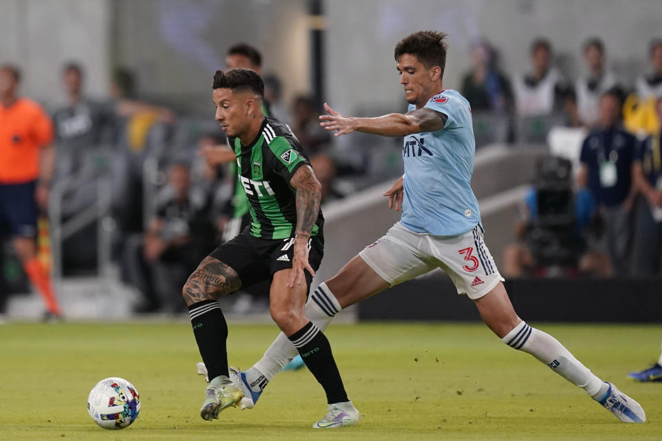 Austin FC forward Sebastian Driussi, left, moves the ball past FC Dallas defender José Martínez (3) during the second half of an MLS soccer match, Saturday, June 25, 2022, in Austin, Texas. (AP Photo/Eric Gay)