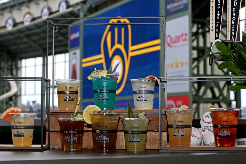 A selection of new specialty cocktail drinks are seen at American Family Field in Milwaukee.