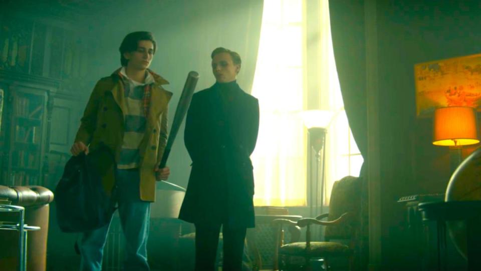 A still from Doom Patrol season three episode three shows the Dead Boy Detectives standing in the Doom Patrol mansion