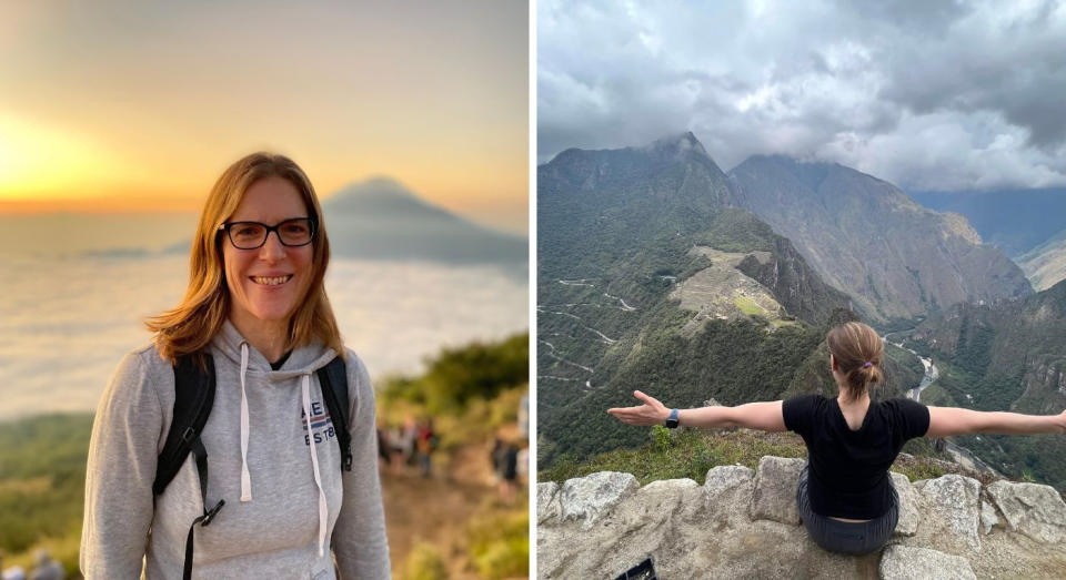 Katie Donegan on edge of mountain, enjoying Machu Picchu, Peru, having retired early. (Supplied)