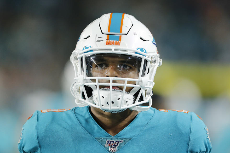 MIAMI, FLORIDA - AUGUST 22:  Minkah Fitzpatrick #29 of the Miami Dolphins looks on against the Jacksonville Jaguars during the preseason game at Hard Rock Stadium on August 22, 2019 in Miami, Florida. (Photo by Michael Reaves/Getty Images)