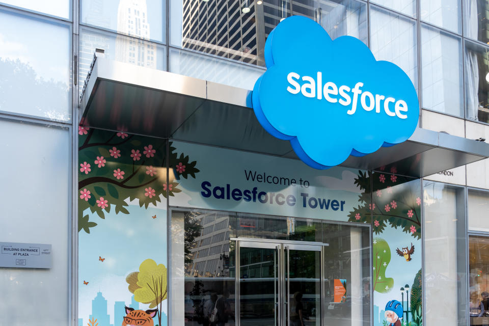Salesforce logo design at its Corporate workplace in New York, NY, USA on August 18, 2022. (Getty Images)