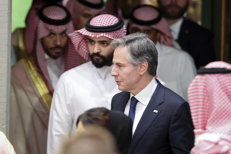 Secretary of State Antony Blinken looks on as he attends a joint news conference with Saudi Arabia's Foreign Minister Prince Faisal bin Farhan at the Intercontinental Hotel in Riyadh, Saudi Arabia, Thursday, June 8, 2023. (Ahmed Yosri/Pool Photo via AP)
