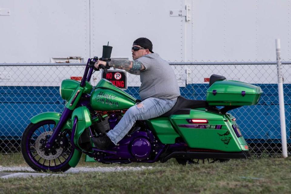 Custom motorcycles were on display at The Beaver Bar in Murrells Inlet S.C. during the 2024 Myrtle Beach Spring Rally on Thursday. May 16, 2024. Jason Sacks riding his Joker themed motorcycle. He said it wasn’t supposed to be Joker themed, but after choosing green and purple as the colors, that’s what it turned into.