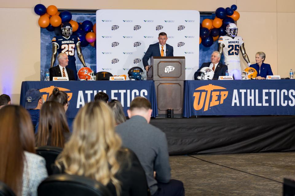 Scotty Walden speaks as he's introduced as the new UTEP head football coach on Wednesday, Dec. 6, 2023, at a press conference at the Larry K. Durham Sports Center on campus.