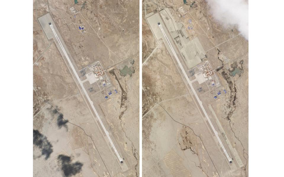 Satellite photos of China's Ngari Gansa civil-military airport base taken on April 1, left, and May 17, 2020, near the border with India show development  - Planet Labs via AP