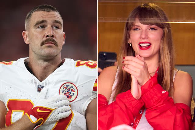 <p>Michael Owens/Getty; Cooper Neill/Getty </p> Taylor Swift (right), cheering on Travis Kelce (left) at the Kansas City Chiefs' game on Sept. 24 in Missouri