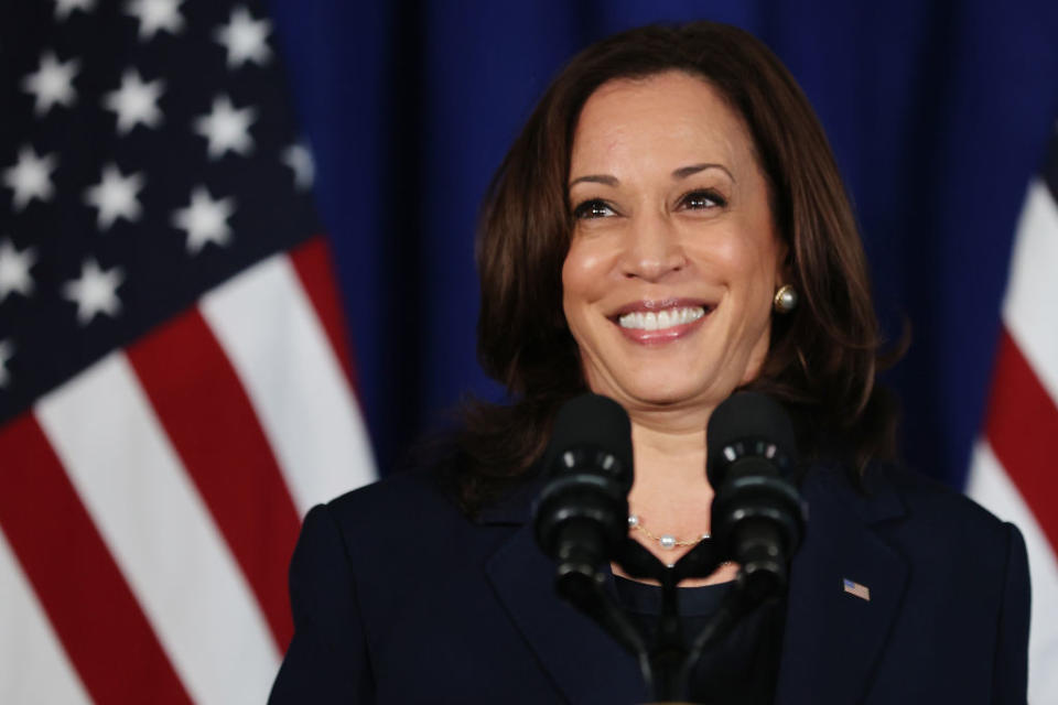WASHINGTON, DC - JULY 08: U.S. Vice President Kamala Harris delivers remarks at the Louis Stokes Library on the campus of her alma mater Howard University on July 08, 2021 in Washington, DC. Organized by the Democratic National Committee, the event focused on voting rights.  (Photo by Chip Somodevilla/Getty Images)