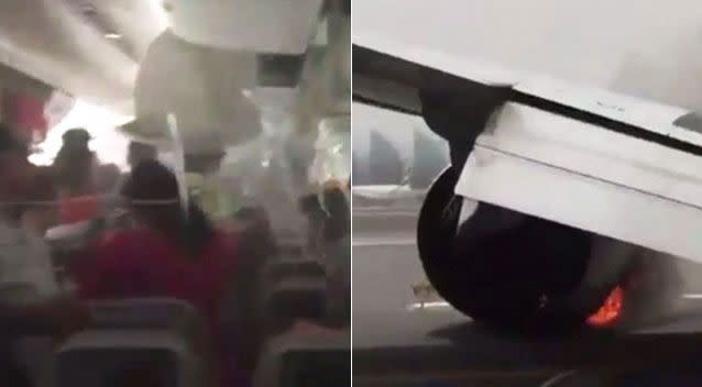 Children were among 300 screaming people who are seen fleeing the cabin of an Emirates plane. Photo: Twitter