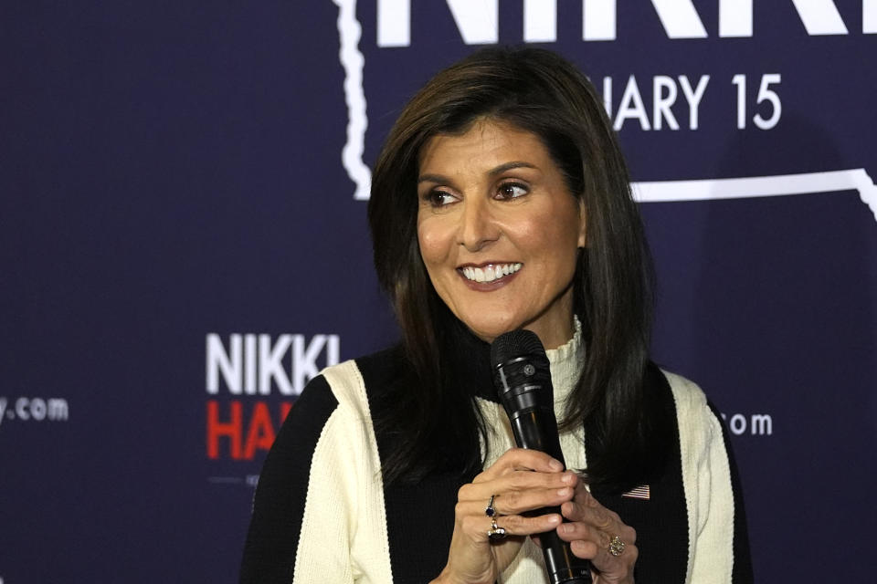 Republican presidential candidate former UN Ambassador Nikki Haley speaks during a campaign event at Jethro's BBQ in Ames, Iowa, Sunday, Jan. 14, 2024. (AP Photo/Carolyn Kaster)