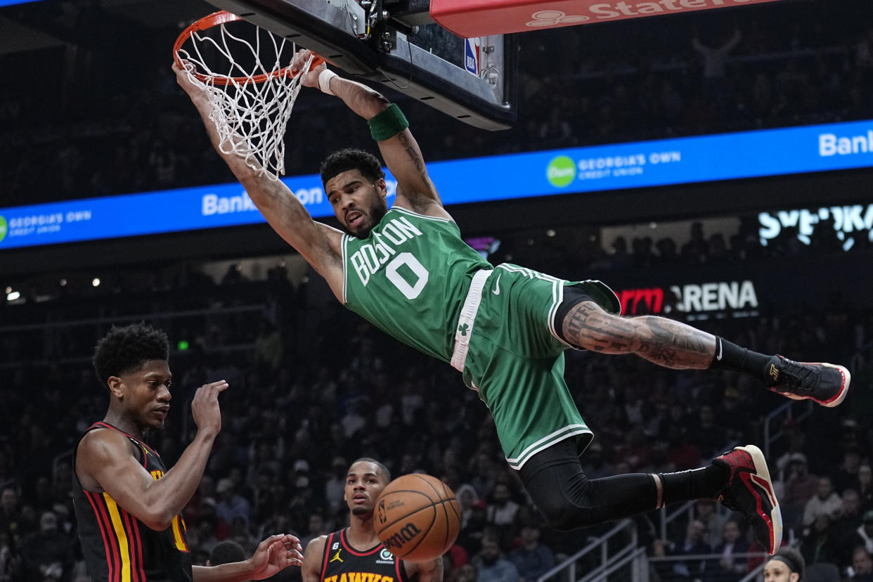 Jayson Tatum and the Celtics are big favorites in Game 1 against the 76ers. (AP Photo/Brynn Anderson)