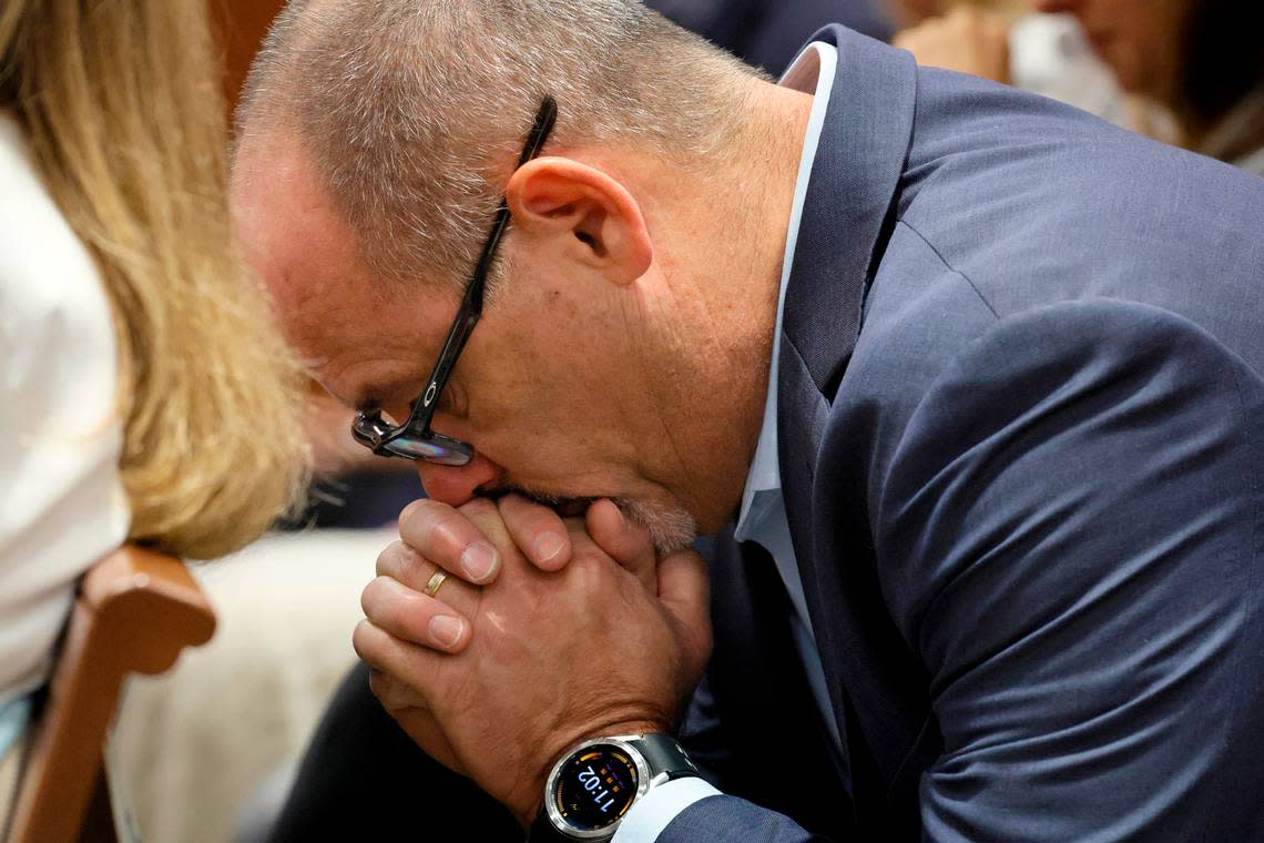 Fred Guttenberg reacts as he awaits a verdict in the trial of Marjory Stoneman Douglas High School shooter Nikolas Cruz at the Broward County Courthouse in Fort Lauderdale on Thursday, Oct. 13, 2022. Guttenberg’s daughter, Jaime, was killed in the 2018 shootings. 