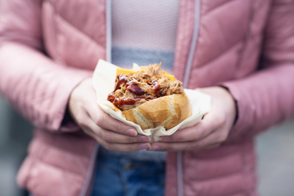 person holding a pork sandwich