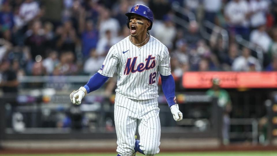 New York Mets shortstop Francisco Lindor (12) reacts after hitting a solo home run in the third inning against the Oakland Athletics at Citi Field.