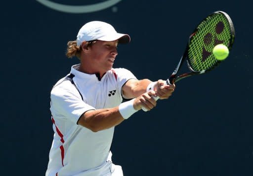 Lithuania's Ricardas Berankis hits a return to Australia's Marinko Matosevic during their Los Angeles Open semi-final on July 28. Berankis clinched his record-setting victory on the second of three match points, ending with 18 winners and four breaks of his Australian opponent