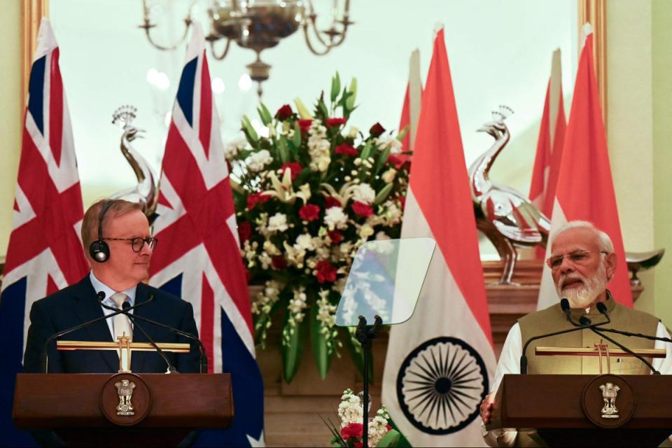 Indian prime minister Narendra Modi speaks next to Australia's prime minister Anthony Albanese during a joint media briefing at Hyderabad House (AFP via Getty Images)