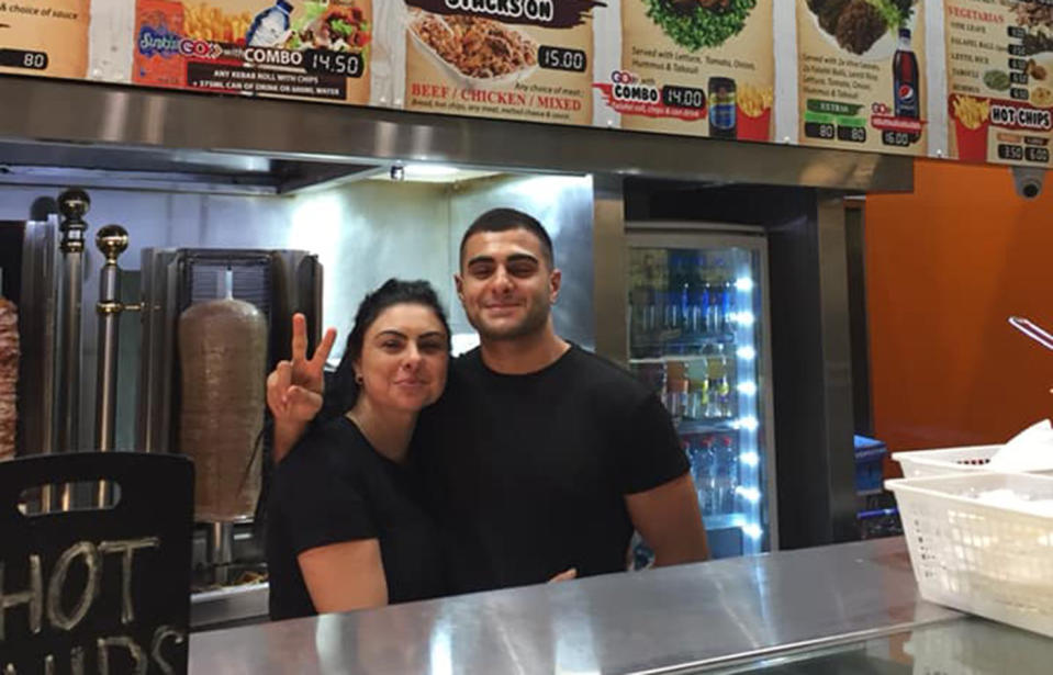 Owner Linda Taskin and her son Tolga Yaman, at Kenny's Kebabs in southern Sydney, have been praised for feeding a 'man in need' every day.