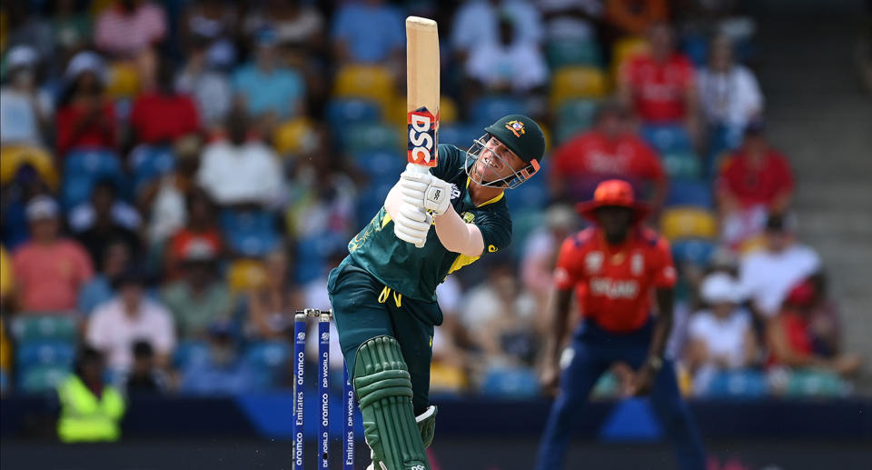 Seen here, David Warner hitting a shot for Australia at the T20 Cricket World Cup.