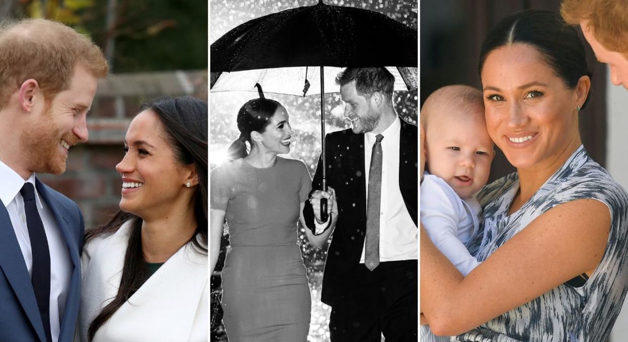 Three images of Harry and Meghan (L-R): Announcing their engagement in Kensington Gardens, outside the Endeavour Awards in 2020, and with their son Archie in South Africa in 2019. (Getty Images)