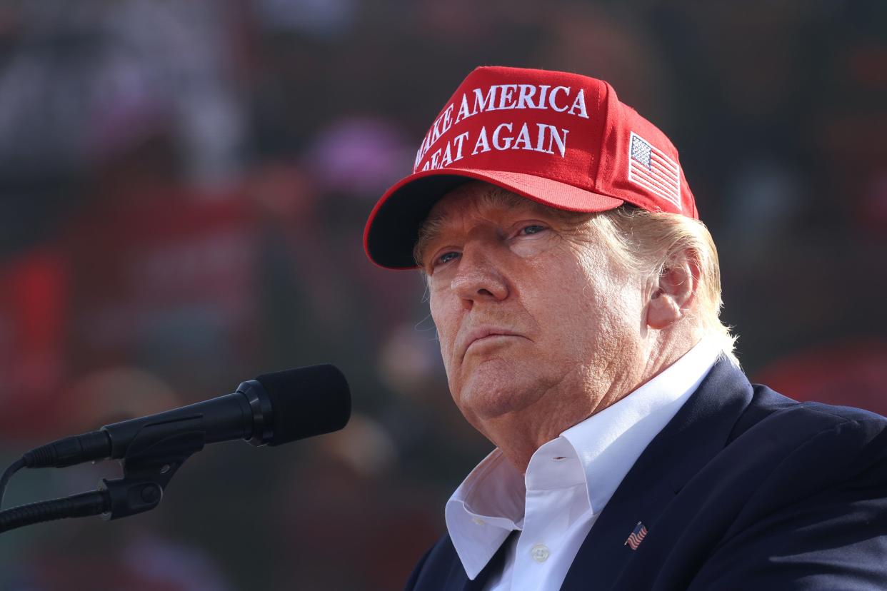 Former President Donald Trump speaks to supporters during a rally at the I-80 Speedway on May 01, 2022 in Greenwood, Nebraska.