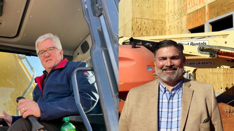 Pat Braski, left, a Chick-fil-A owner and operator in Warner Robins, and David Grossnickle, a Chick-fil-A owner and operator in Perry, on site of their new Chick-fil-A locations. Braski climbed into a bulldozer for his photo. (This photo combines two separate photos.)