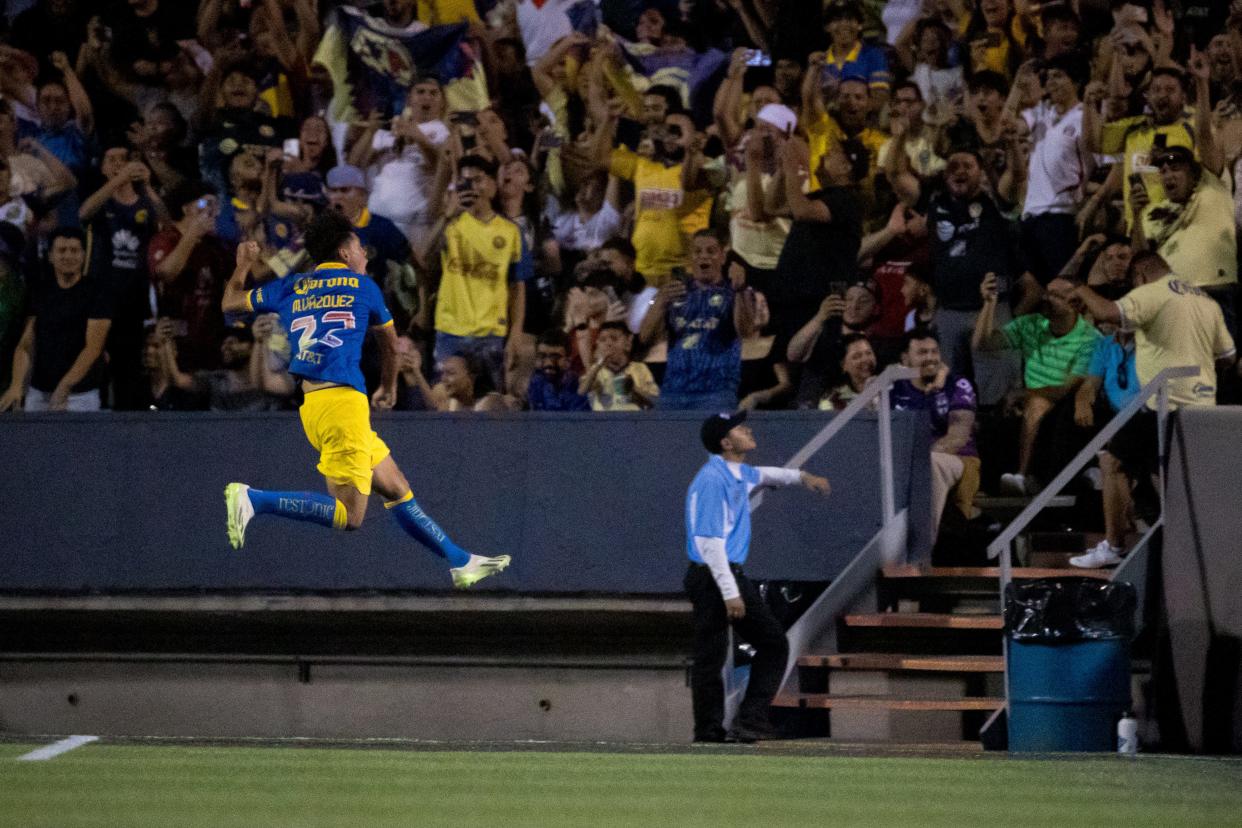 Club América’s Miguel Ángel Vásquez celebrates his goal at a friendly game against FC Juárez at the Sun Bowl in El Paso, TX, on Sunday, June 23, 2024.