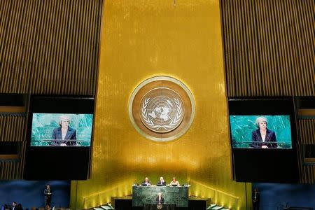 British Prime Minister Theresa May addresses the United Nations General Assembly in the Manhattan borough of New York, U.S. September 20, 2016. REUTERS/Eduardo Munoz