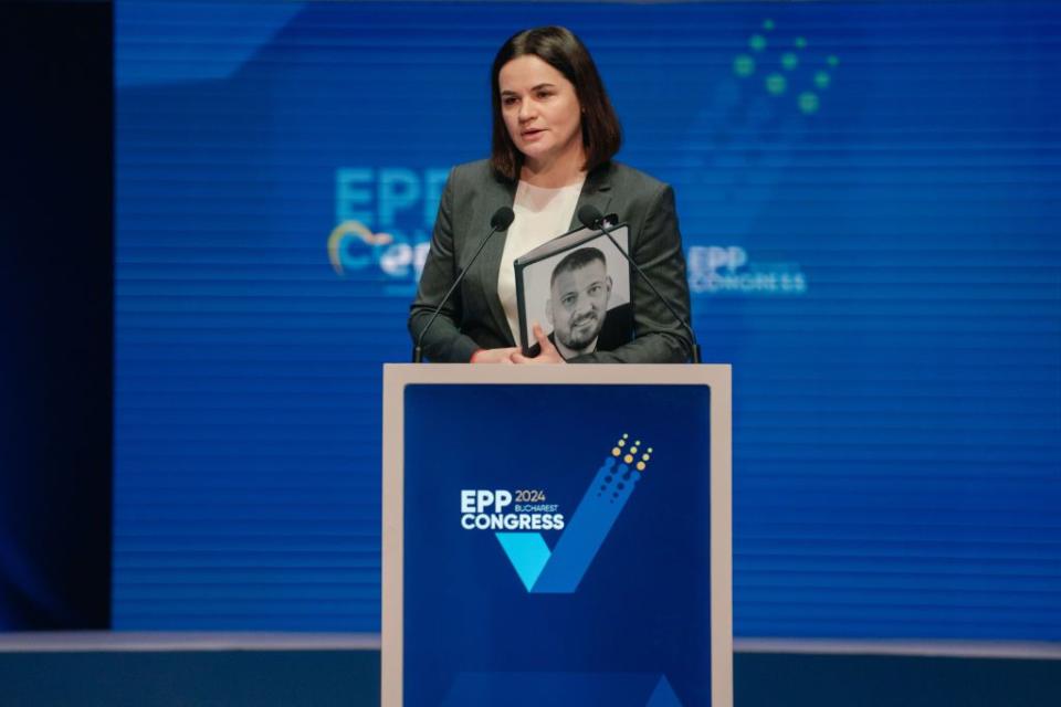 Sviatlana Tsikhanouskaya, opposition leader of Belarus, speaks at the European People's Party congress in Bucharest, Romania, on March 6, 2024. (Andrei Pungovschi/Bloomberg via Getty Images)