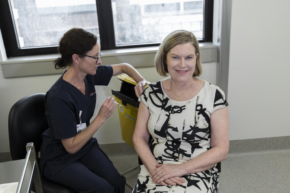 New South Wales Chief Health Officer Kerry Chant receives the AstraZeneca vaccine at at St George Hospital in Kogarah on March 10, 2021 in Sydney, Australia.