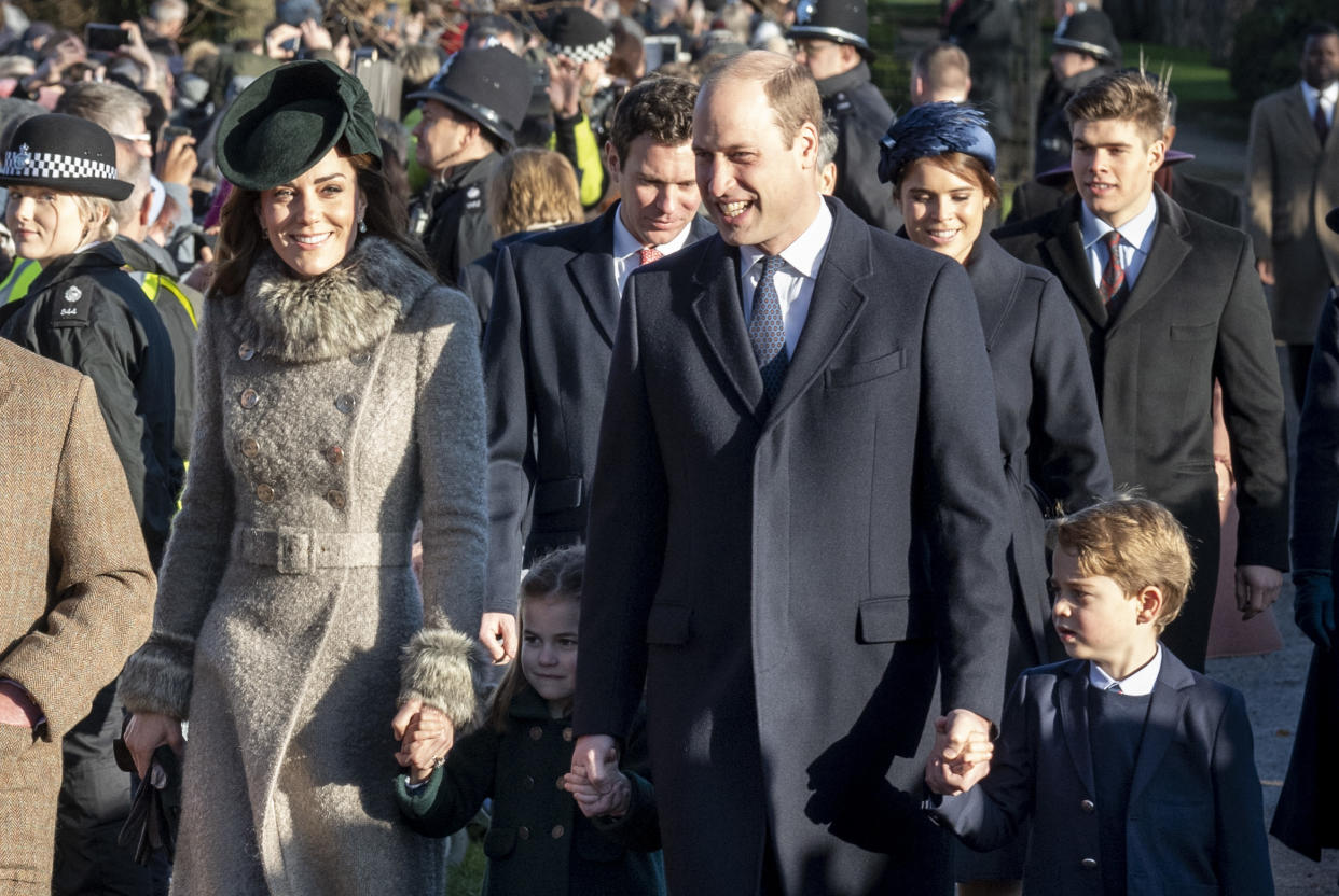 Catherine, Duchess of Cambridge and Prince William, Duke of Cambridge with Prince George of Cambridge and Princess Charlotte of Cambridge attend the Christmas Day Church service at Church of St Mary Magdalene on the Sandringham estate on December 25, 2019 in King's Lynn, United Kingdom. 