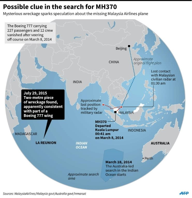 Graphic showing the search for Malaysia Airlines MH370 and La Reunion where wreckage of a wing has been found