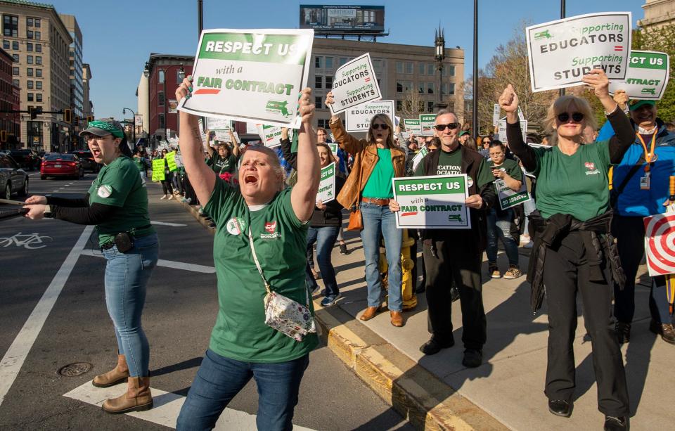 Members of the Educational Association of Worcester rally in front of City Hall before a School Committee meeting in April.