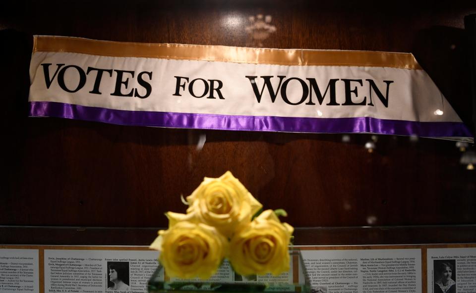 A sash from the suffrage exhibit inside the Hermitage Hotel that was a hot spot during the debate for the 19th Amendment giving women equal voting rights in August 1920  in Nashville, Tenn. Wednesday, Jan. 29, 2020.