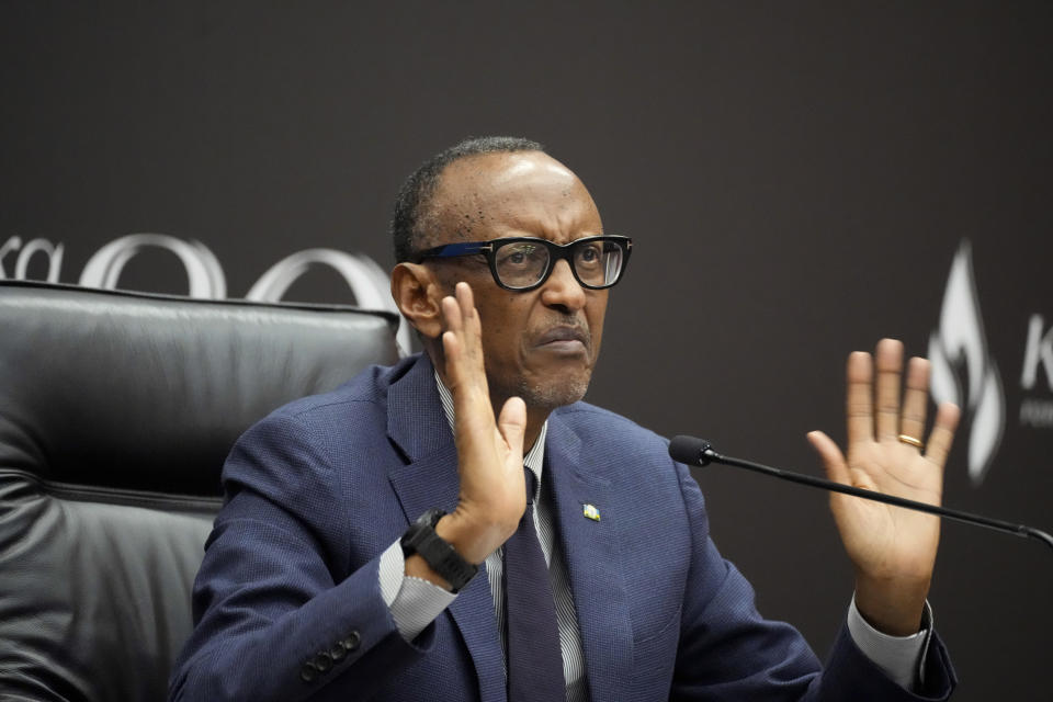 Rwanda's President Paul Kagame gestures as he gives a press conference at Kigali Convention Centre in Kigali, Rwanda, Monday, April 8, 2024. Rwandans are commemorating 30 years since the genocide in which an estimated 800,000 people were killed by government-backed extremists, shattering this small east African country that continues to grapple with the horrific legacy of the massacres. (AP Photo/Brian Inganga)