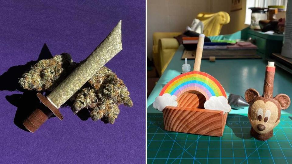 Crystal Nugs budtender Paige Murray is a creative roller, creating art such as a sword, a rainbow and Mickey Mouse, from hand rolled joints.