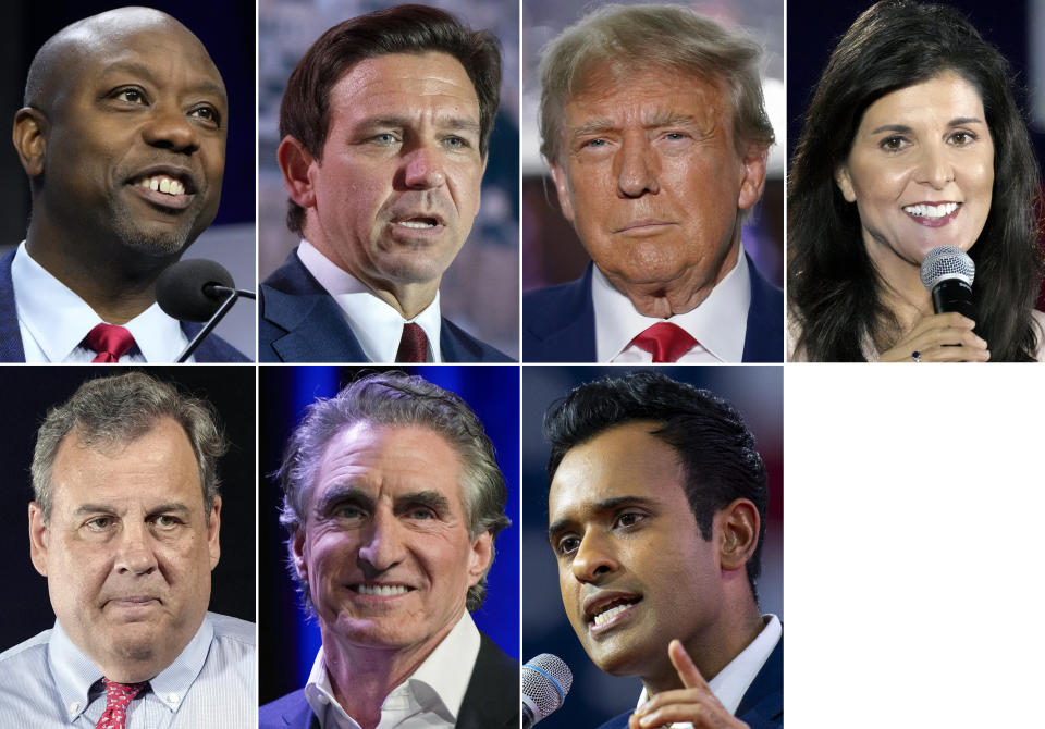 Esta combinación de fotografías muestra a aspirantes por la candidatura republicana a la presidencia, fila superior, de izquierda a derecha, el senador Tim Scott, de Carolina del Sur; el gobernador de Florida Ron DeSantis, el expresidente Donald Trump; y la exgobernadora de Carolina del Sur, Nikki Haley; fila inferior, de izquierda a derecha, el exgobernador de Nueva Jersey, Chris Christie; el gobernador de Dakota del Norte, Doug Burgum; y el empresario Vivek Ramaswamy. (AP Foto)