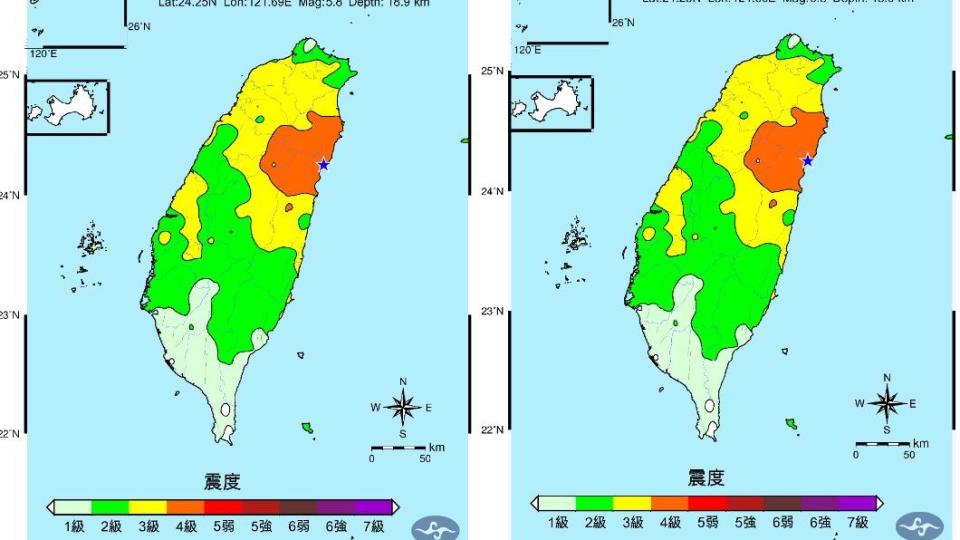 台灣凌晨2時21、49分地震震度圖。（圖／翻攝自中央氣象署）