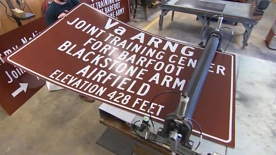 Signs of the times: New signs are being produced for the recently-renamed Fort Pickett in Virginia. The Army base has been renamed Fort Barfoot.  / Credit: CBS News