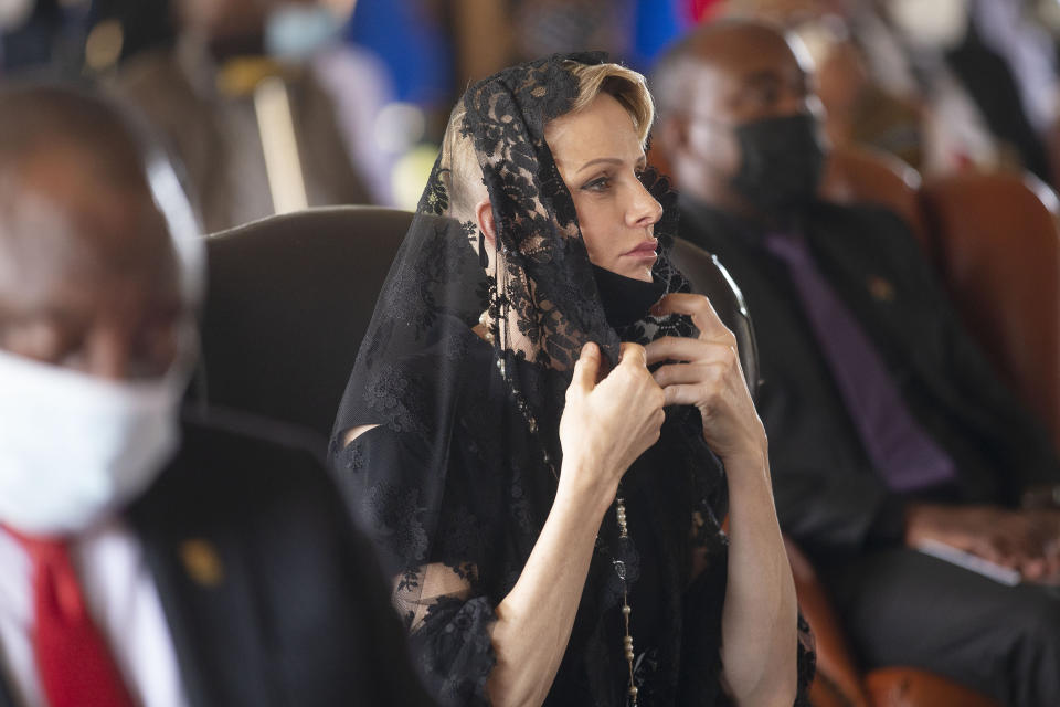 Charlene, Princess of Monaco attends the memorial service for Zulu King Goodwill Zwelithini in Nongoma, South Africa, Thursday, March 18, 2021. The monarch passed away early Friday after a reign that spanned more than 50 years. (AP Photo/Phill Magakoe)