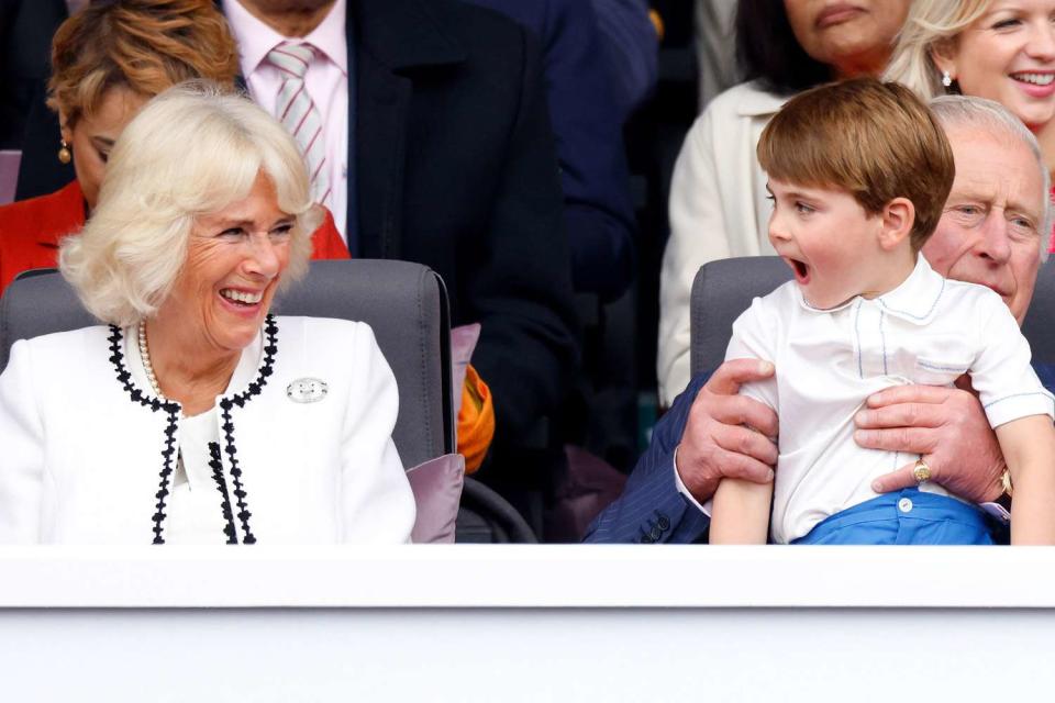 <p>Max Mumby/Indigo/Getty</p> Queen Camilla, Prince Louis and King Charles at the Platinum Pageant on The Mall on June 5, 2022 in London.