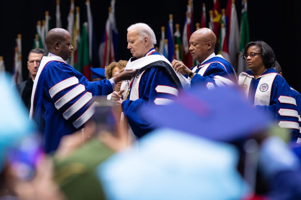 President Joe Biden receives an honorary Doctor of Humane Letters at the 2023 Commencement Ceremony for Howard University on May 13, 2023 in Washington, DC. (Photo by Anna Rose Layden/Getty Images)