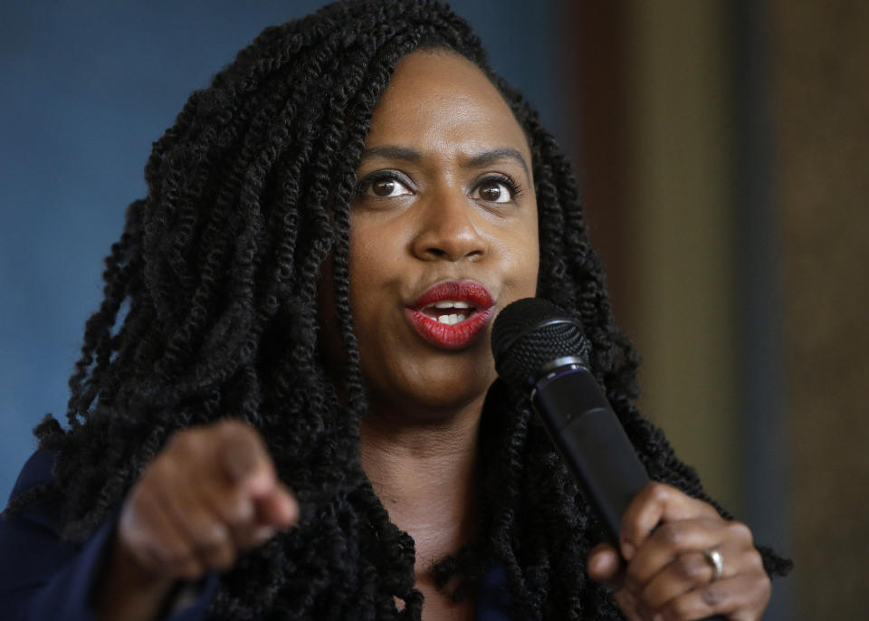 U.S. Rep. Ayanna Pressley, D-Mass., addresses a crowd during ceremonies before the start of the Roxbury Unity Parade, Sunday, July 21, 2019, in Boston's Roxbury neighborhood. (AP Photo/Steven Senne)