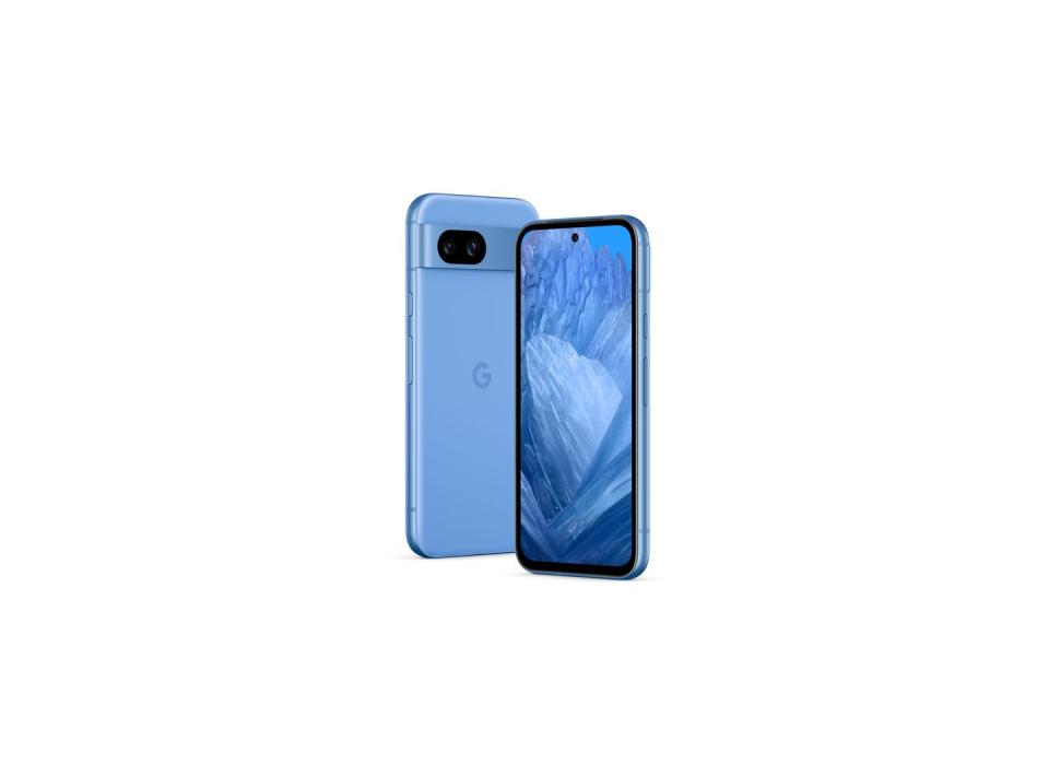 google pixel 8a phone in bay blue shown from the front and back