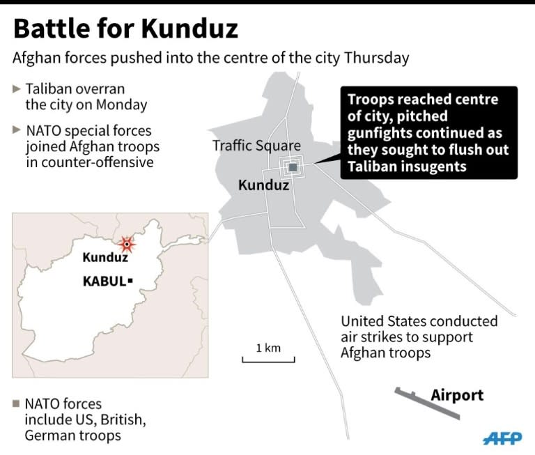 Map on the latest situation in Kunduz, Afghanistan, where government troops pushed into the centre of the city on Thursday, as gunfights with Taliban militants continued. 90 x 76 mm