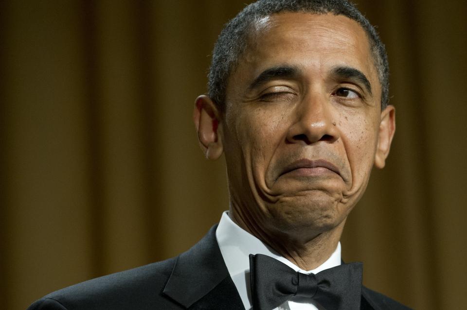 Obama&nbsp;winks as he tells a joke about his place of birth during the White House Correspondents' Association Dinner in Washington, D.C., April 28, 2012.