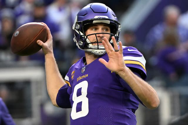 <p> Stephen Maturen/Getty</p> Kirk Cousins #8 of the Minnesota Vikings warms up prior to the NFC Wild Card playoff game against the New York Giants