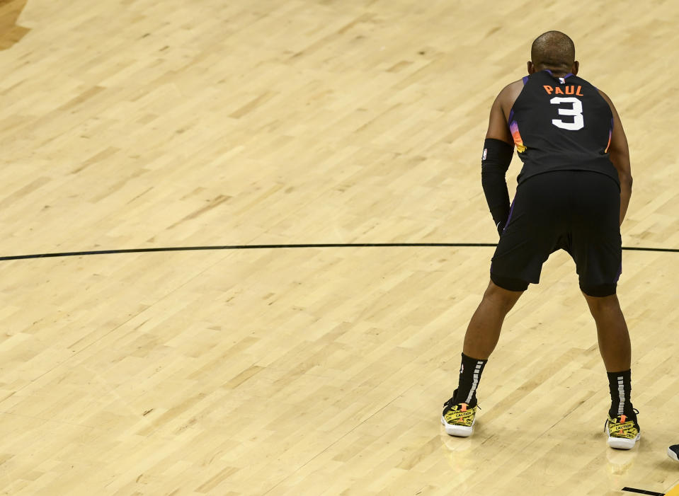 Chris Paul (3) of the Phoenix Suns takes a breather against the Denver Nuggets during the second quarter at Phoenix Suns Arena on Monday, June 7, 2021. The Phoenix Suns hosted the Denver Nuggets for game one of their best-of-seven NBA Playoffs series. (Photo by AAron Ontiveroz/MediaNews Group/The Denver Post via Getty Images)