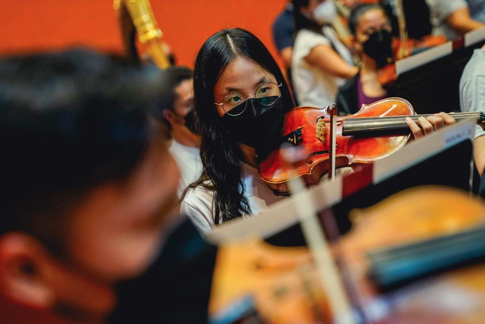 A musician plays violin and looks on.